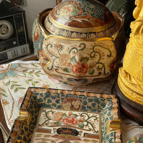Royal Satsuma set of kaspo and ashtray with cross stamp
