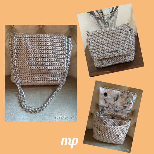 Handmade gray knitted shoulder bag new with external pocket
