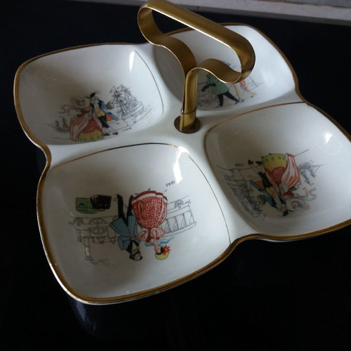 Vintage bowl for nuts used, porcelain with brass handle