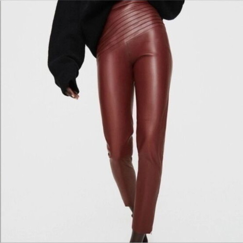 Zara high-waisted faux leather leggings with waistband and zippers new, burgundy