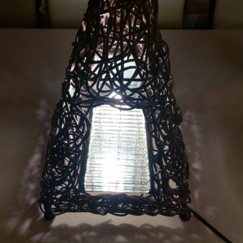 Handmade floor lamp like new made of wood, glass and wire