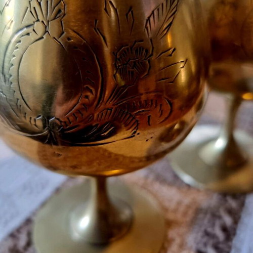 Set of 6 used vintage brass brandy glasses 1950s