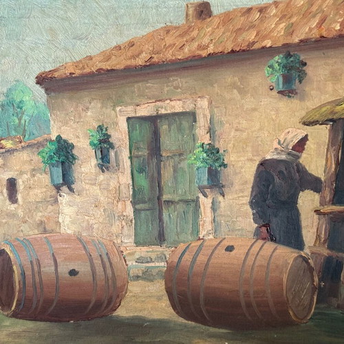 Painting used, signed, preparing barrels for wine storage