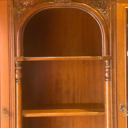 Handmade carved walnut display cabinet used, 1950s vintage