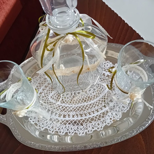 Crystal carafe with 2 decorated glasses for wedding crowning set like new