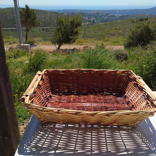 Wicker basket used for clothing display
