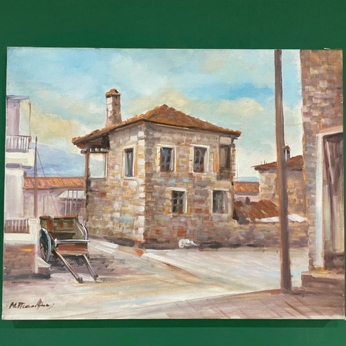 Artwork on canvas with stone house theme like new