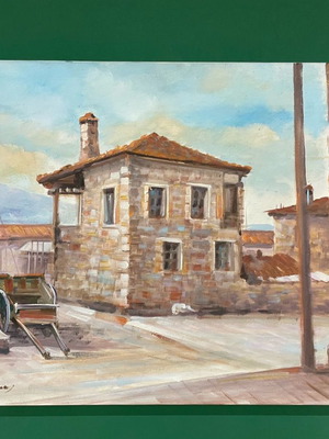 Artwork on canvas with stone house theme like new