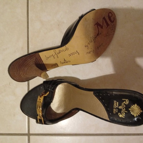 Replay black patent leather mules with gold buckle, size 39