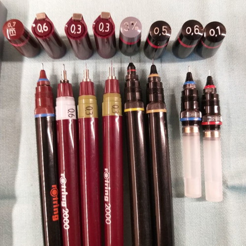 Rotring isographs and rapidographs used, pack of 8 with ink and lubricant