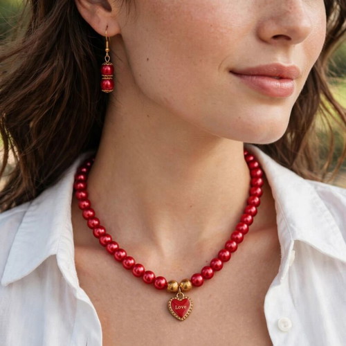 Red summer  necklace and earings set