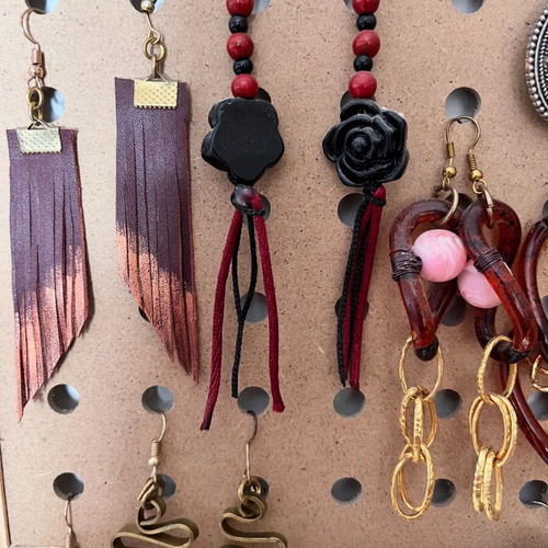 Handmade earrings new with leather, brass and beads gold-colored