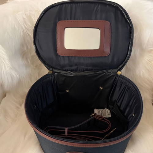 Toiletry bag cosmetic case new, blue fabric and brown leatherette