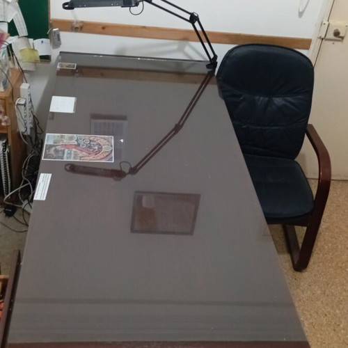 Wooden desk with glass top and 2 chairs set