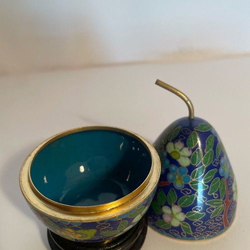 Small Cloisonné Egg-Shaped Pear Container with Bird and Flowers like new, wooden base