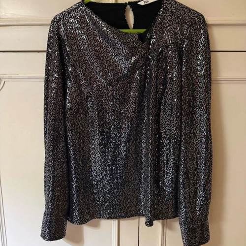 Zara Long-Sleeve Sequin Blouse New, Black with Silver