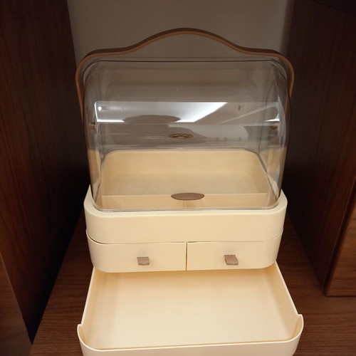 Cosmetics Organizer new with transparent cover and drawers, beige and brown