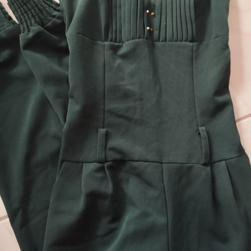 Strapless jumpsuit dark green with smocking and elastic legs, used, size S