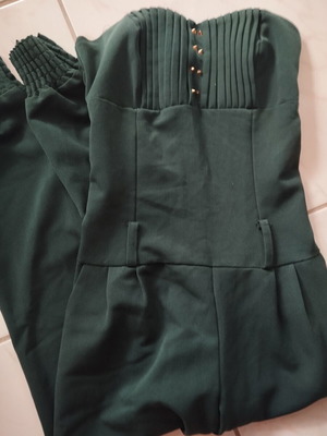 Strapless jumpsuit dark green with smocking and elastic legs, used, size S