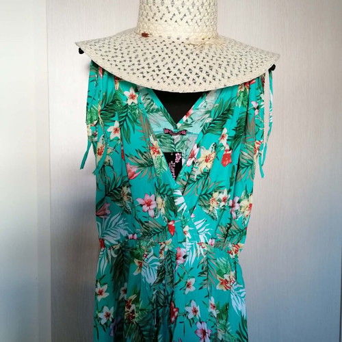 Doca romper dress with straw hat gift, one size, tropical floral