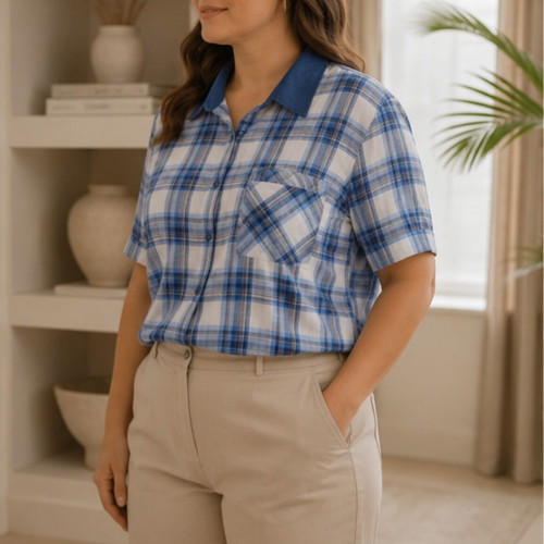 Women's short-sleeve checked shirt XL like new, 100% cotton, blue