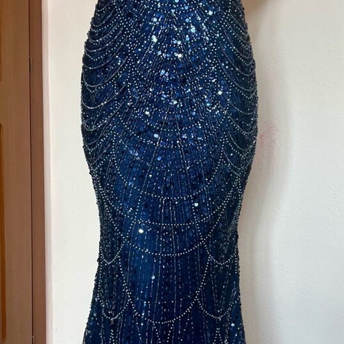 Maxi evening dress navy blue with sequins and beads like new, size M