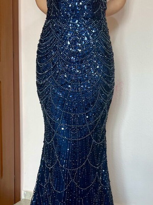 Maxi evening dress navy blue with sequins and beads like new, size M