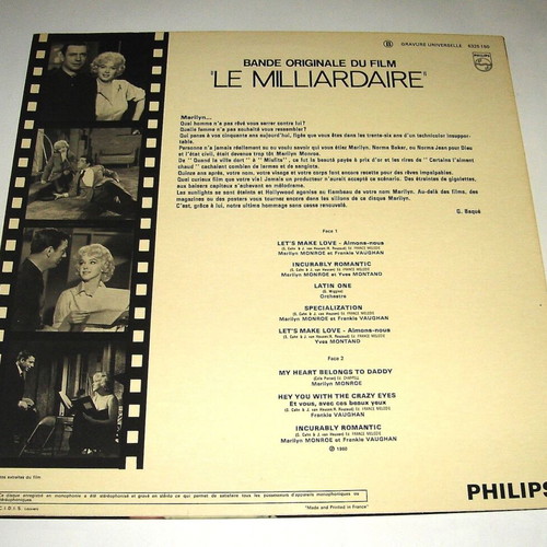 Marilyn Monroe Le Milliardaire LP μεταχειρισμένο soundtrack
