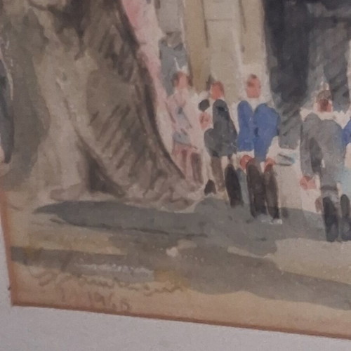 Evangelos Klonaridis Signed Watercolor Greek Festival Monastery Scene