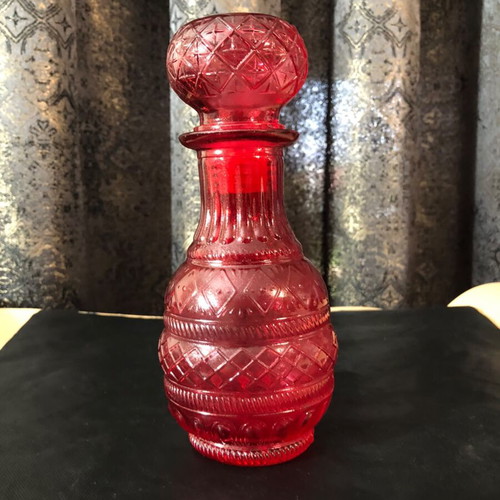Ruby Red Cut Glass Decanter with Diamond Quilted Pattern and Airtight Stopper