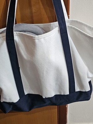 Canvas Shoulder Bag used, beige and blue, spacious summer style