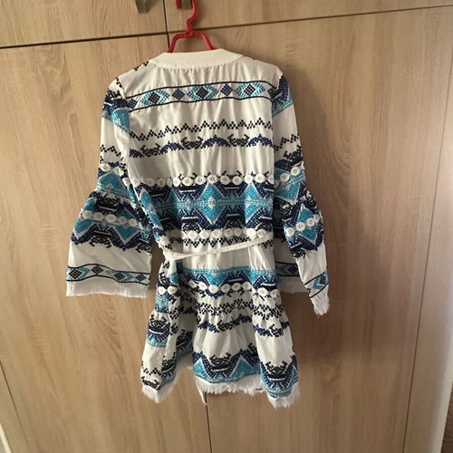 Boho mini dress new with bell sleeves and blue patterns, size M/L