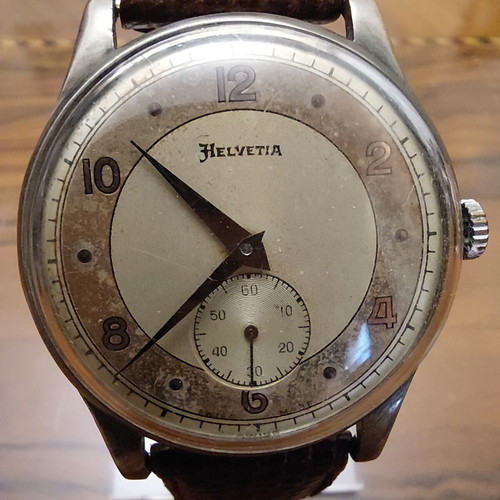 Helvetia Swiss made men's watch used with two-tone dial and leather strap