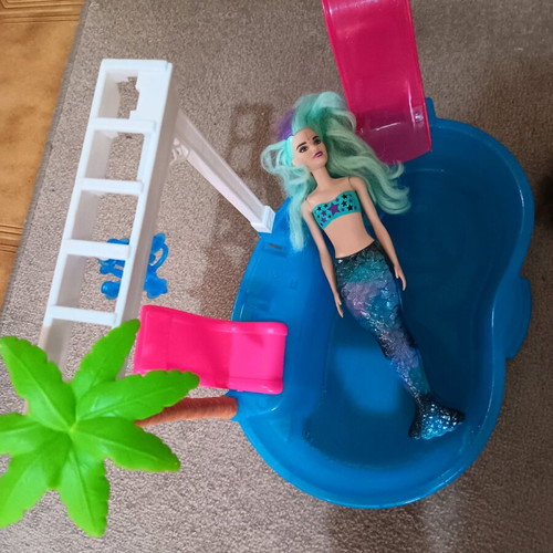 Barbie set used with 6 dolls, bicycle, pool and accessories