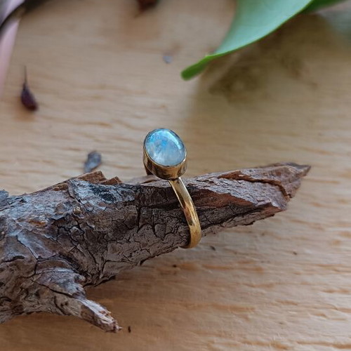 Brass ring with rainbow moonstone adjustable size, genuine semi-precious stone