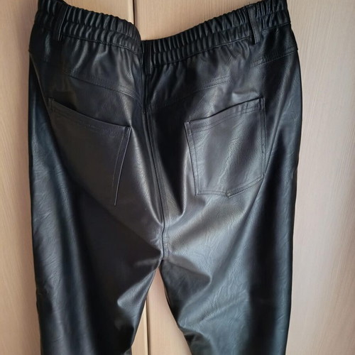 Black faux leather pants with button and elastic waist, size 3