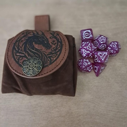 Brown leather dragon dice bag with purple D&D dice set
