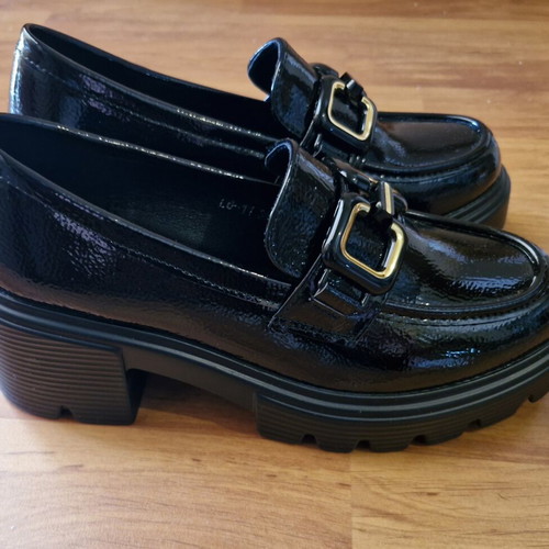 Loafers black with gold buckle, like new, size 36