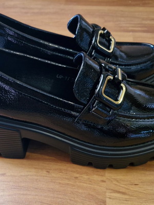 Loafers black with gold buckle, like new, size 36