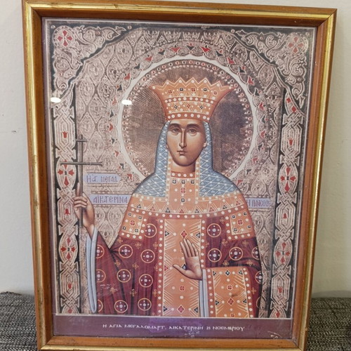 Vintage icon of Saint Catherine in frame with glass, used