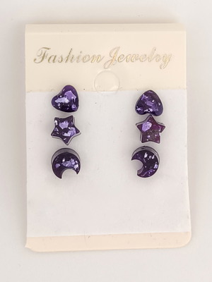 Σετ 3 ζευγάρια ατσάλινα μώβ καρφωτά σκουλαρίκια χειροποίητα με υγρό γυαλί και φύλλο ασημί