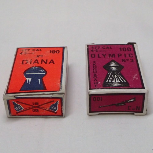 Two vintage DIANA and OLYMPIC 177 cal 4.5 mm shooting pellet boxes new, 100 pcs each
