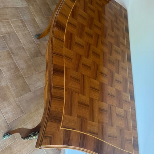 Antique walnut console table with brass and marquetry