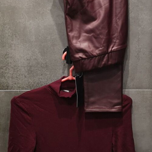 Eco Leather Leggings and Textured Knit Polo Set, New, Size S, Bordeaux