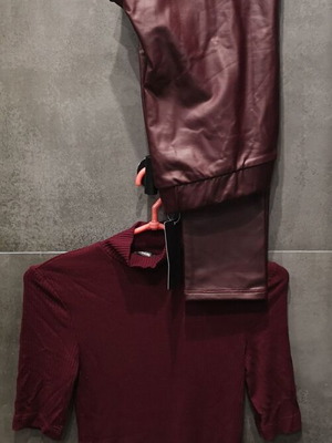 Eco Leather Leggings and Textured Knit Polo Set, New, Size S, Bordeaux