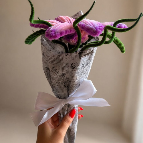 Handmade bouquet with pipe cleaner flower in pink and purple
