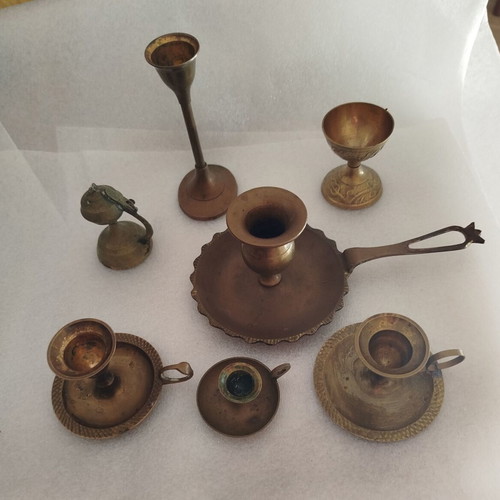 Vintage brass items used, set with 18 cm candlestick