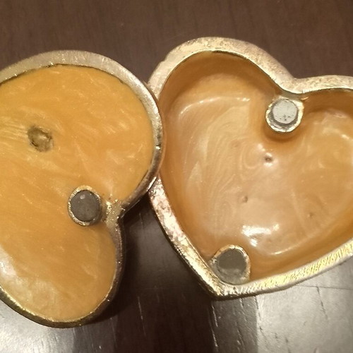 Heart jewelry box used, mini, ornate with leaf and beetle