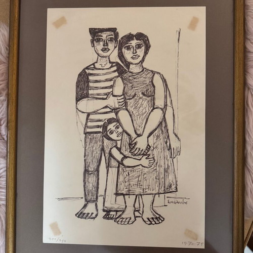 Lithograph Couple with Girl used, Giorgos Sikeliotis