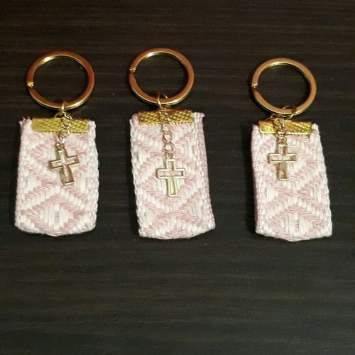 20 Martyrika keychains, from Pink - White ribbon with design and gold Cross, Handmade, for baptism